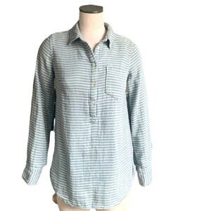 Merona S Stretch Cotton Button Tunic Top Pocket Gray Striped Casual 185K
